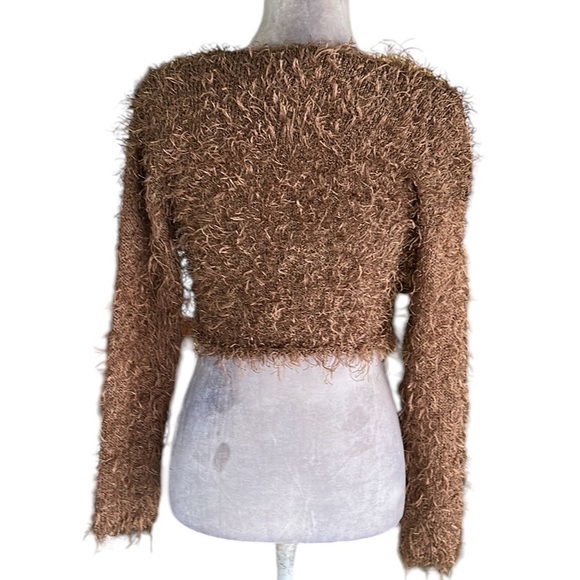 RARE Lianne Barnes Vintage Tan Fuzzy Feathery Tie Front Crop Cardigan Bolero XS - Picture 5 of 12